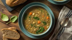 a bowl of hearty lentil soup with spinach leaves