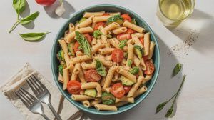 penne pasta and vegetables in a bowl