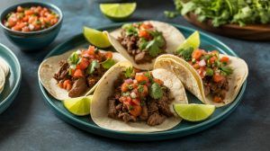a plate of beef tacos with lime wedges