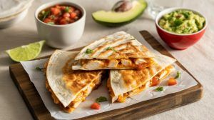 chicken quesadilla on aq cutting board with pico de gallo and guacamole