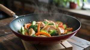 quick and vegetables being stir-fried in a wok