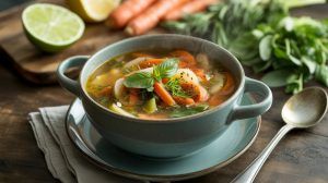 a bowl of steaming hot vegetable soup