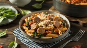penne noodles with spinach and marinara tossed with chicks of sausage