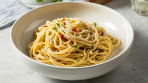 spaghetti pasta dressed with a generous amount of olive oil and topped with grated Parmesan cheese, minced fresh garlic, a small amount of red chili flakes and fresh green parsley garnish