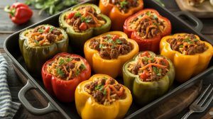 stuffed bell peppers in a baking pan