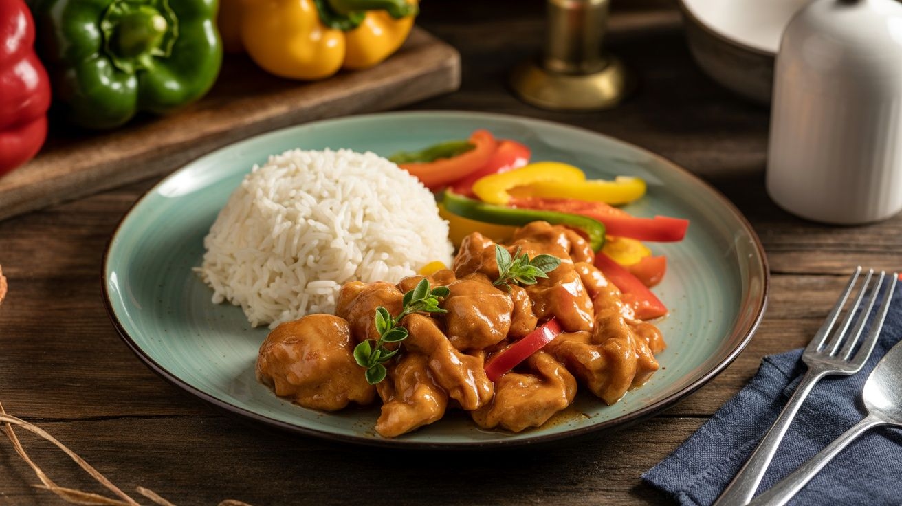 sweet and sour chicken on a plate with a scoop of white rice