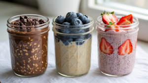 three glass mason jars filled with overnight oats some with dark chocolate oats, creamy vanilla and blueberries, and strawberries