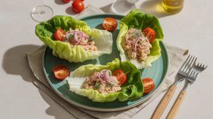 tuna salad in lettuce cups on a plate