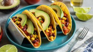 3 tacos with beans and avocado slices