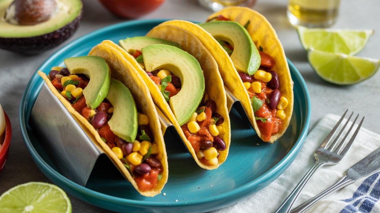 3 tacos with beans and avocado slices