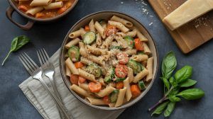 a bowl of whole wheat penne pasta and mixed roasted vegetables