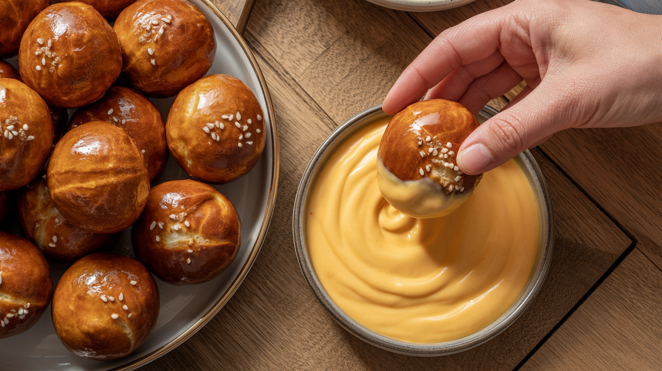 A small gray ceramic bowl containing orange-yellow cheese sauce is positioned on the right side of the plate. A hand is dipping one of the pretzel bites into the cheese sauce