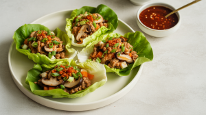 Asian-style lettuce wraps arranged on a white plate, filled with a ground chicken mixture, garnished generously with chopped green onions and served with a dipping sauce
