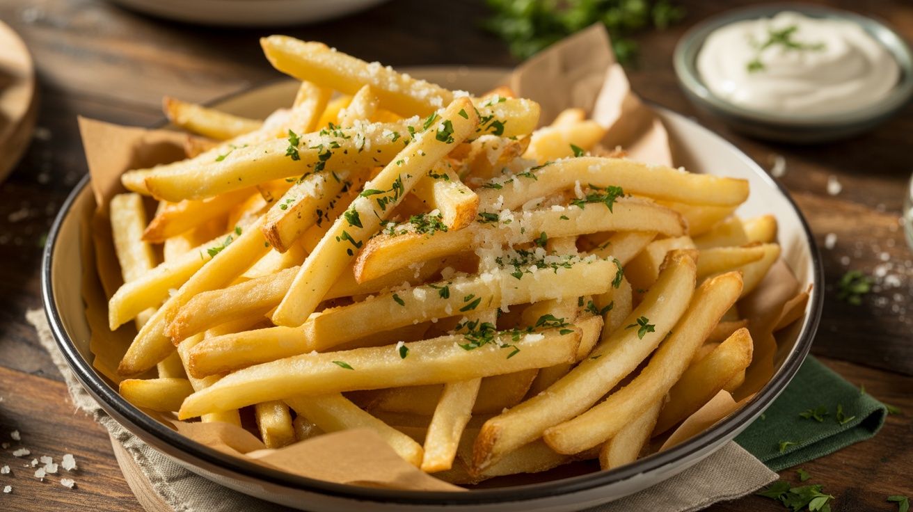 a plate of Crispy Parmesan Truffle Fries topped with minced fresh parsley