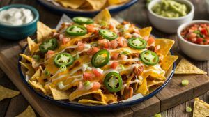 a platter of loaded nachos with jalapenos