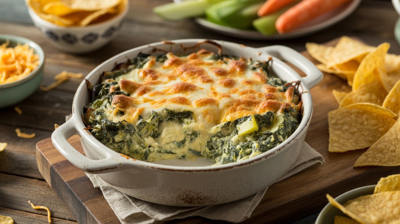 a ceramic bowl of bubbly hot cream spinach artichoke dip