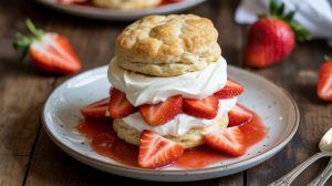 a white plate with a biscuit-based strawberry shortcake with fresh strawberries and whipped cream