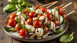a platter of caprese skewers with balsamic glaze
