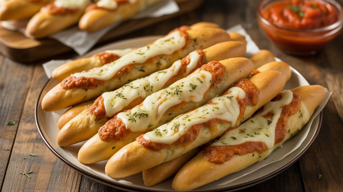 a platter of cheesy garlic breadsticks topped with marinara sauce