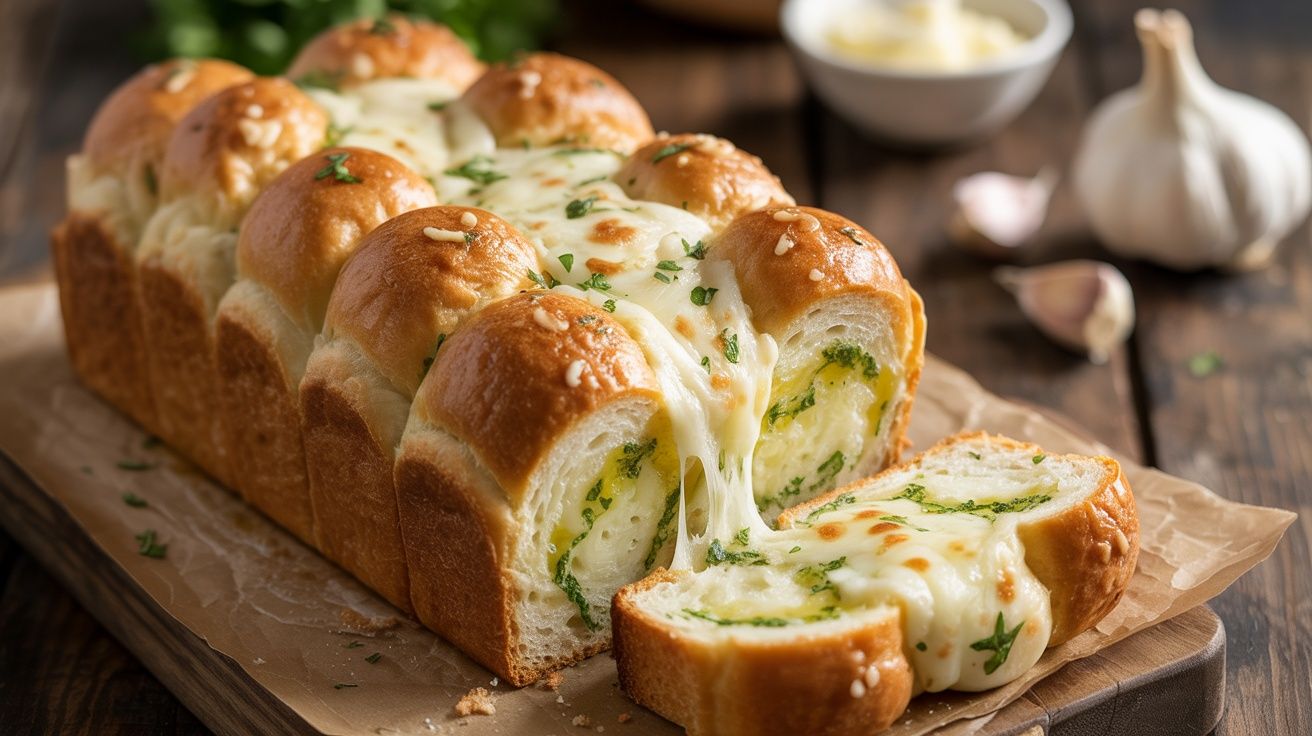 a wood cutting board with a loaf of cheesy garlic pull apart bread