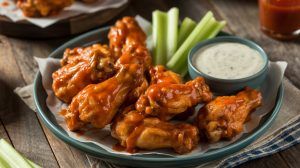 a plate of buffalo chicken wings with celery stalks and a small bowl of ranch dressing