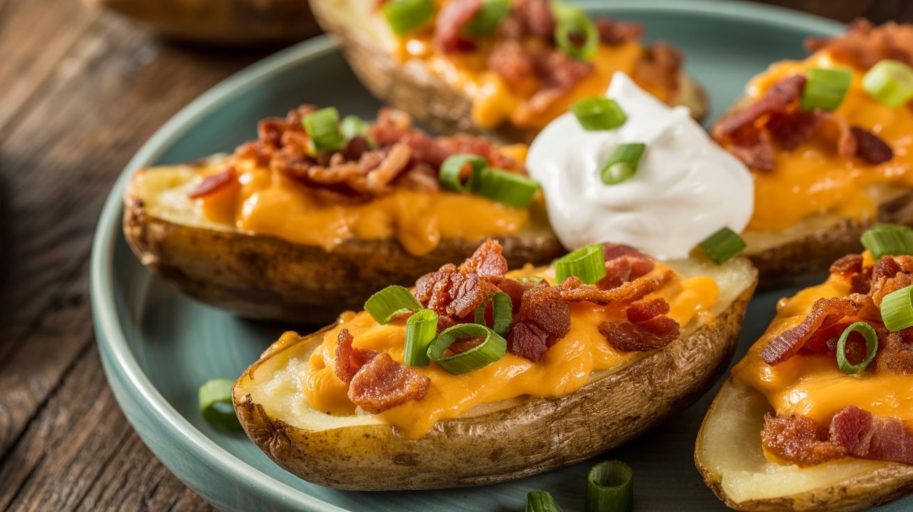 a platter of crispy loaded baked potato skins with a dollop of sour cream in the middle