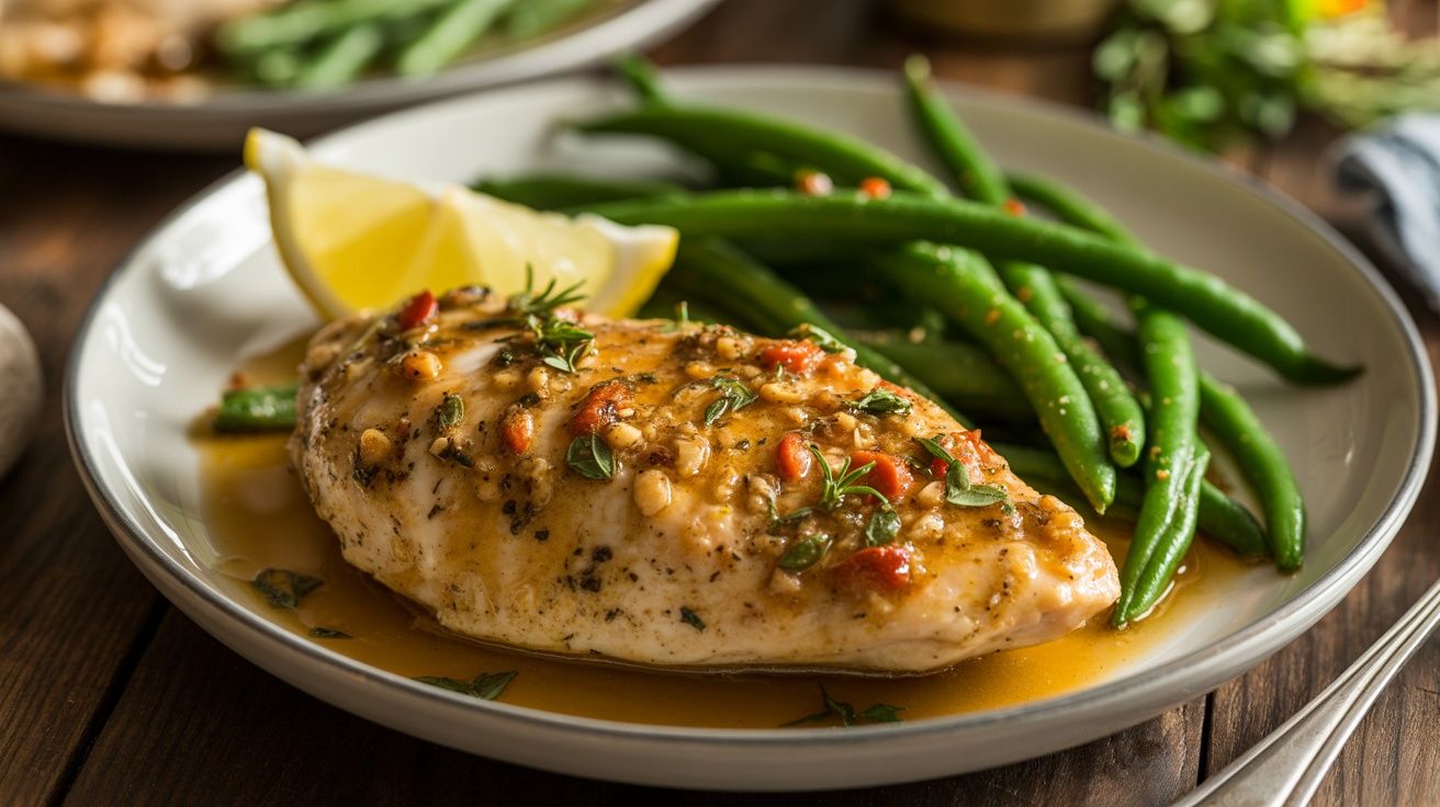 a garlic butter chicken breast on a plate with green beans