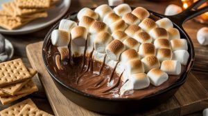 a baking dish of s'mores dip filled with melted chocolate and topped with browned mini marshmallows