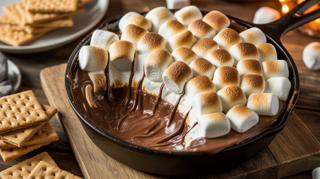 a baking dish of s'mores dip filled with melted chocolate and topped with browned mini marshmallows