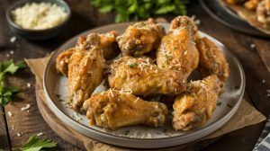 a plate of garlic parmesan chicken wings