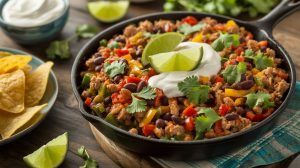 a cast iron pan of ground turkey taco skillet with a dollop of sour cream on top and lime wedges