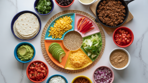 a Mexican taco bar setup on a light gray marble surface