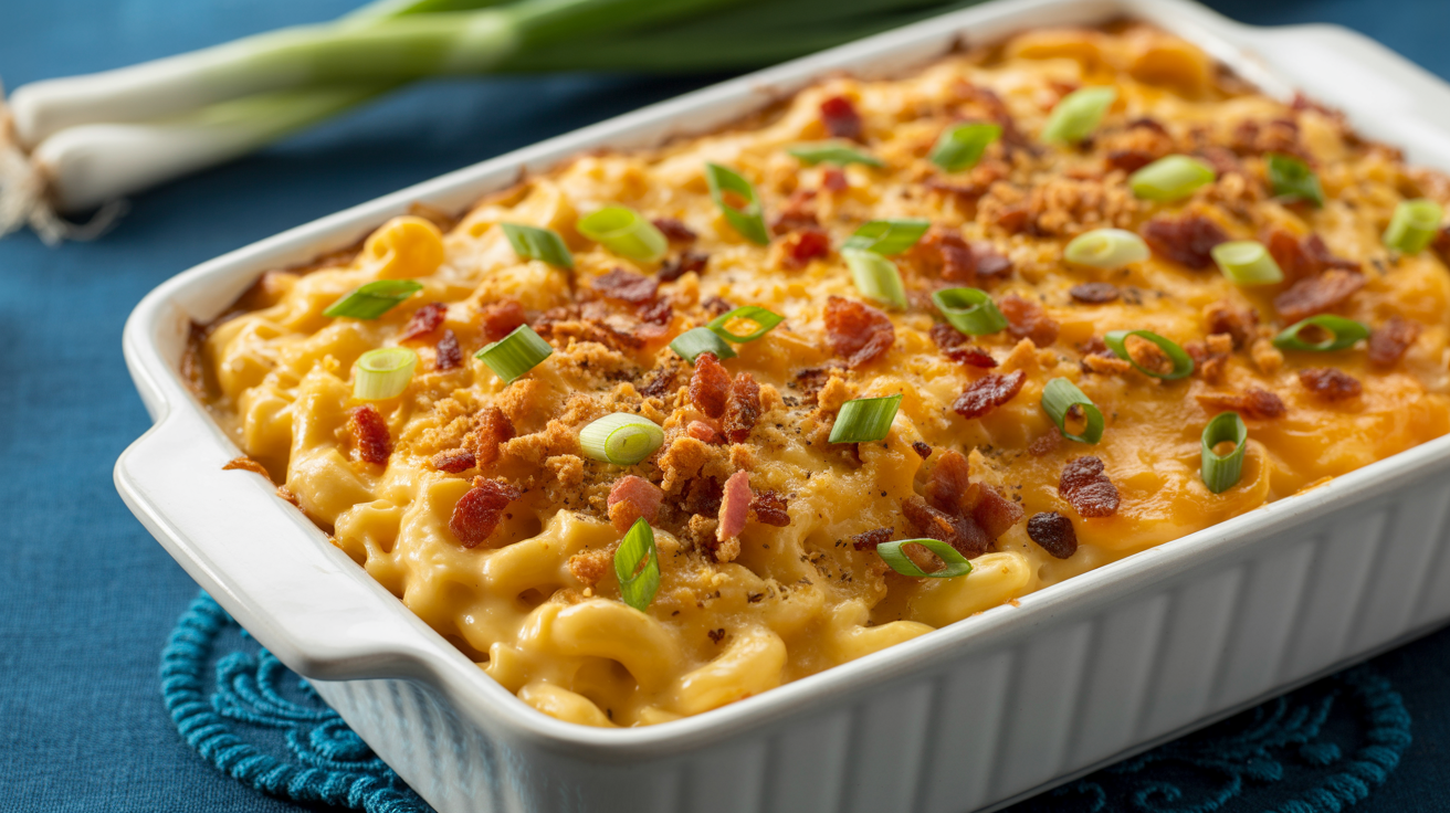 a creamy mac and cheese casserole in a white rectangular ceramic baking dish. The dish is garnished with crispy bacon bits, golden-brown breadcrumbs, and finely chopped fresh green scallions