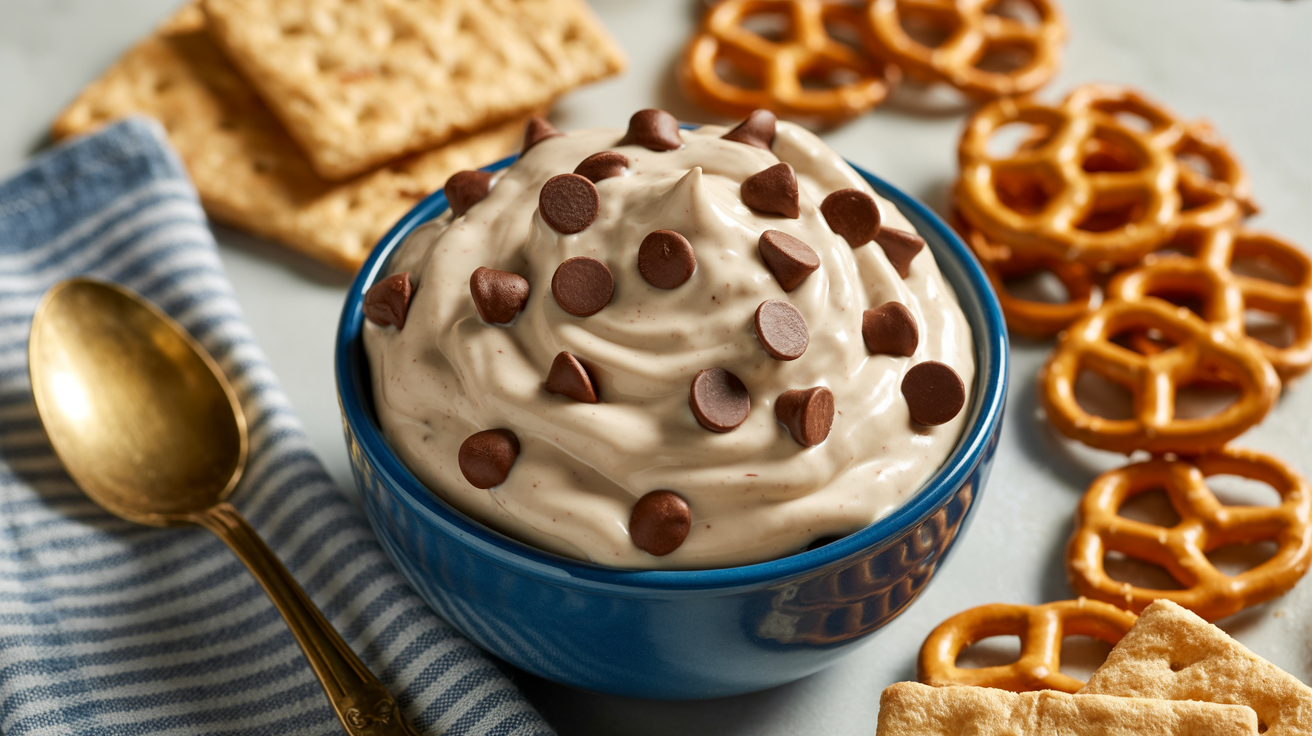 a creamy white chocolate chip cookie dough dip in a small blue ceramic bowl. The dip is studded with dark chocolate chips throughout