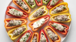 a platter of stuffed sweet mini peppers in a circular pattern, halved lengthwise and filled with a mixture of melted cream cheese, ground beef, herbs, and seasonings