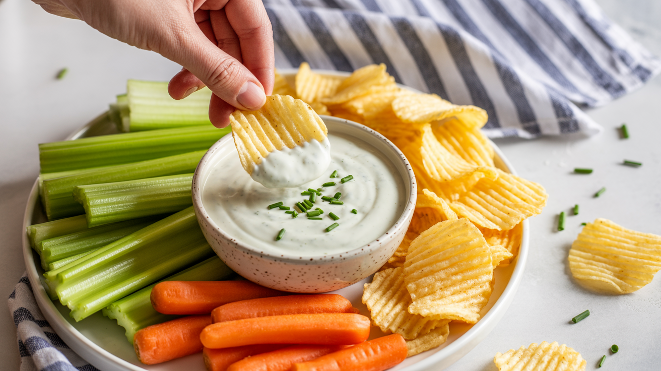 a white ceramic plate featuring a small speckled gray bowl filled with creamy Greek yogurt ranch dip, garnished with finely chopped fresh chives