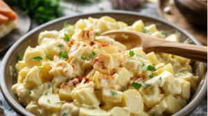 classic southern potato salad in a dark gray ceramic bowl. The potato salad is coated in a rich, white mayonnaise and garnished with fresh minced parsley and dill