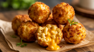 golden-brown mac and cheese balls randomly stacked on light brown parchment paper, showcasing their perfectly spherical shape and crispy seasoned breadcrumb coating