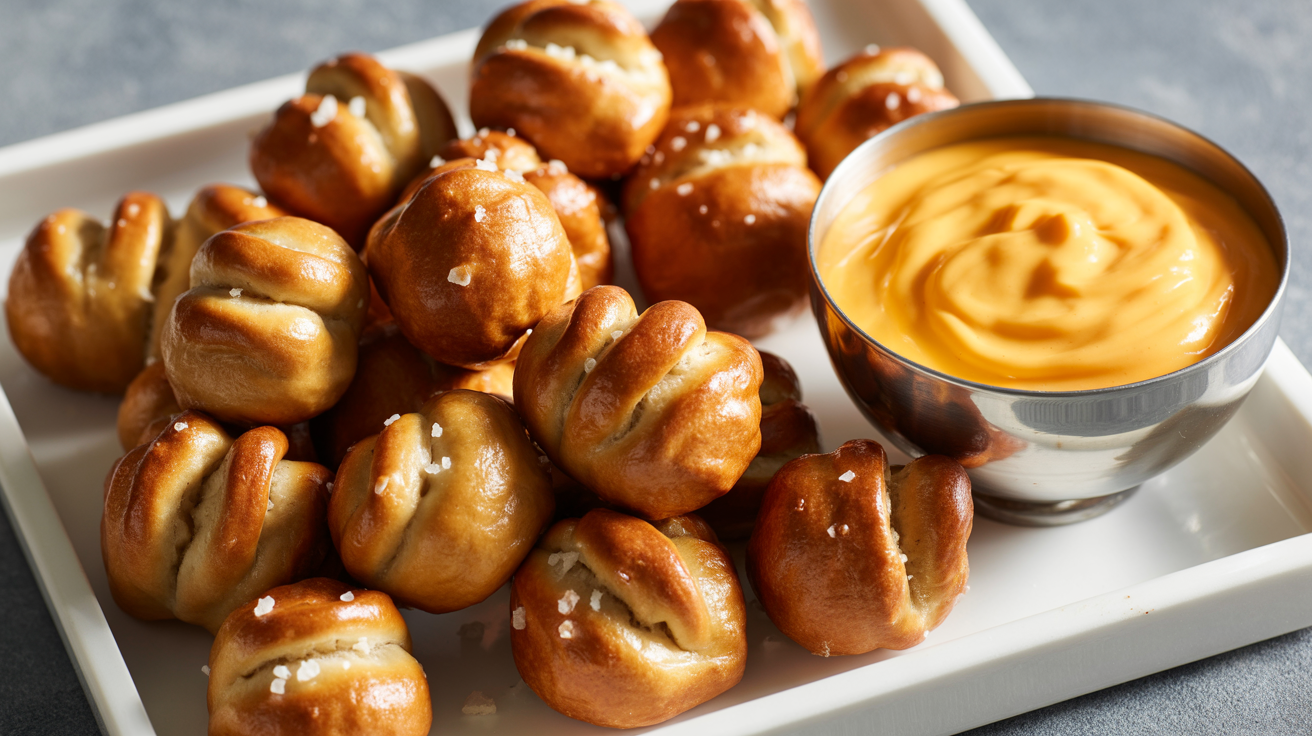 homemade pretzel bites on a white rectangular serving platter. The pretzels are golden-brown in color with a glossy, slightly crispy surface and are topped with coarse salt crystals