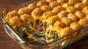 tater tot casserole with a golden-brown crispy top layer. The filling beneath shows layers of melted yellow cheddar cheese, ground beef, and trimmed green beans