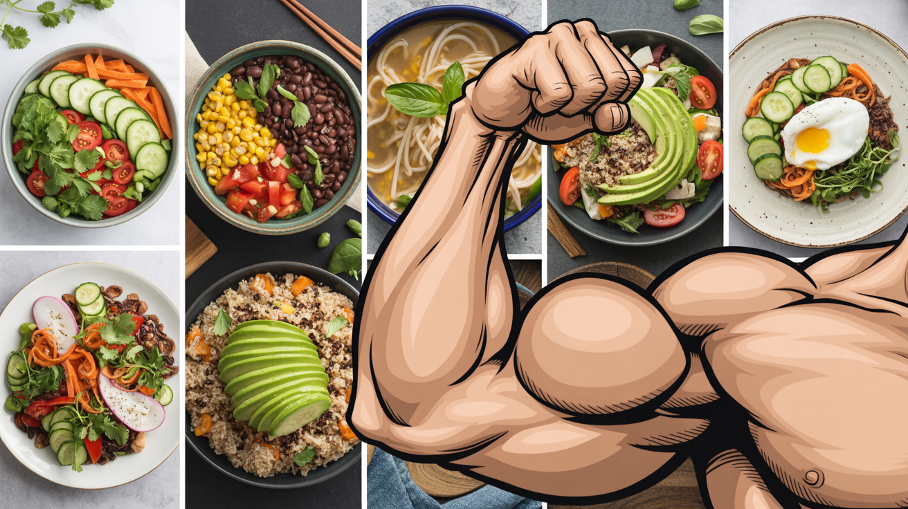 A food photography collage of 5 healthy meals. there is a graphic cartoon overlay of a muscular arm with big biceps coming into the image on the lower right side