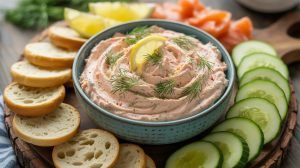 a bowl of smoked salmon spread surrounded by cut veggies and crusty bread slices