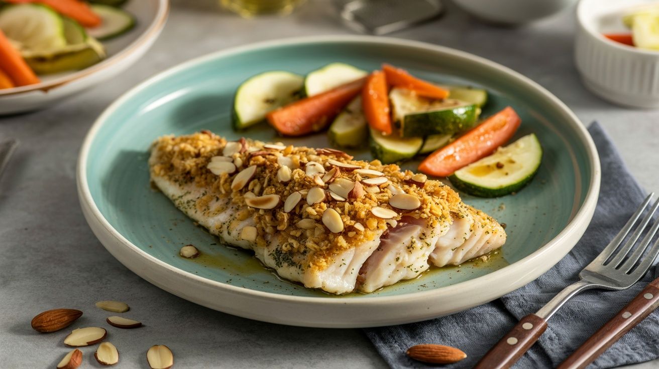 a plate with an almond crusted tilapia with mixed veggies