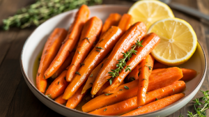 bright orange glazed carrots glistening with a honey-based glaze. Fresh minced thyme is sprinkled on top of the carrots, and fresh lemon slices are on the side