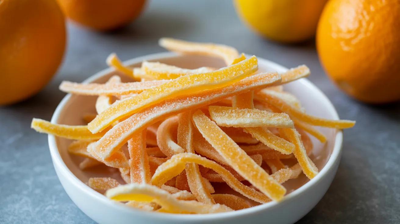 candied orange peel strips in a white ceramic bowl