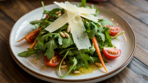 green arugula leaves, halved red cherry tomatoes, thin orange carrot strips, toasted pine nuts and small shaved Parmesan cheese pieces, coated in a glistening lemon vinaigrette