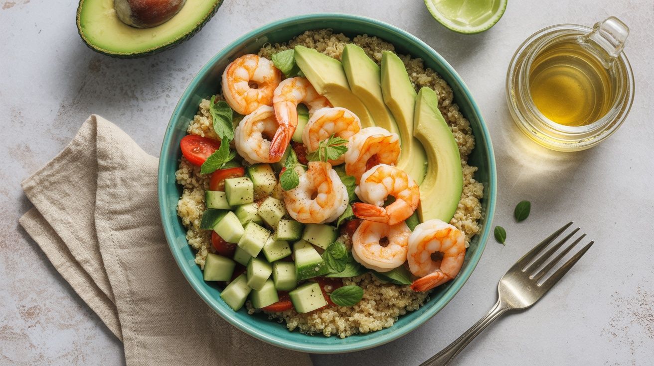 a bowl of shrimp, quinoa, avocado slices and veggies