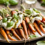 a platter of roasted carrots topped with dollops of ricotta cheese and drizzled with pesto