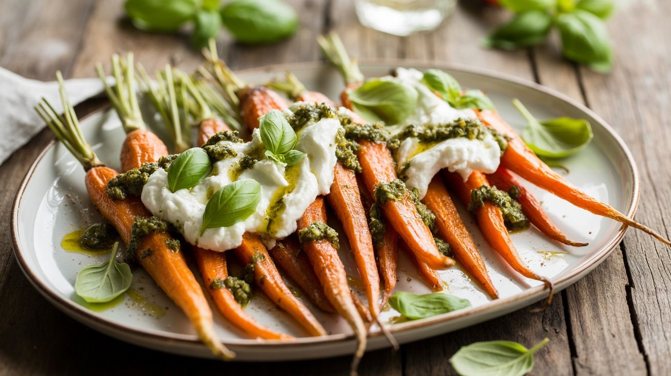 a platter of roasted carrots topped with dollops of ricotta cheese and drizzled with pesto