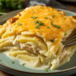 a plate of cheesy scalloped potatoes